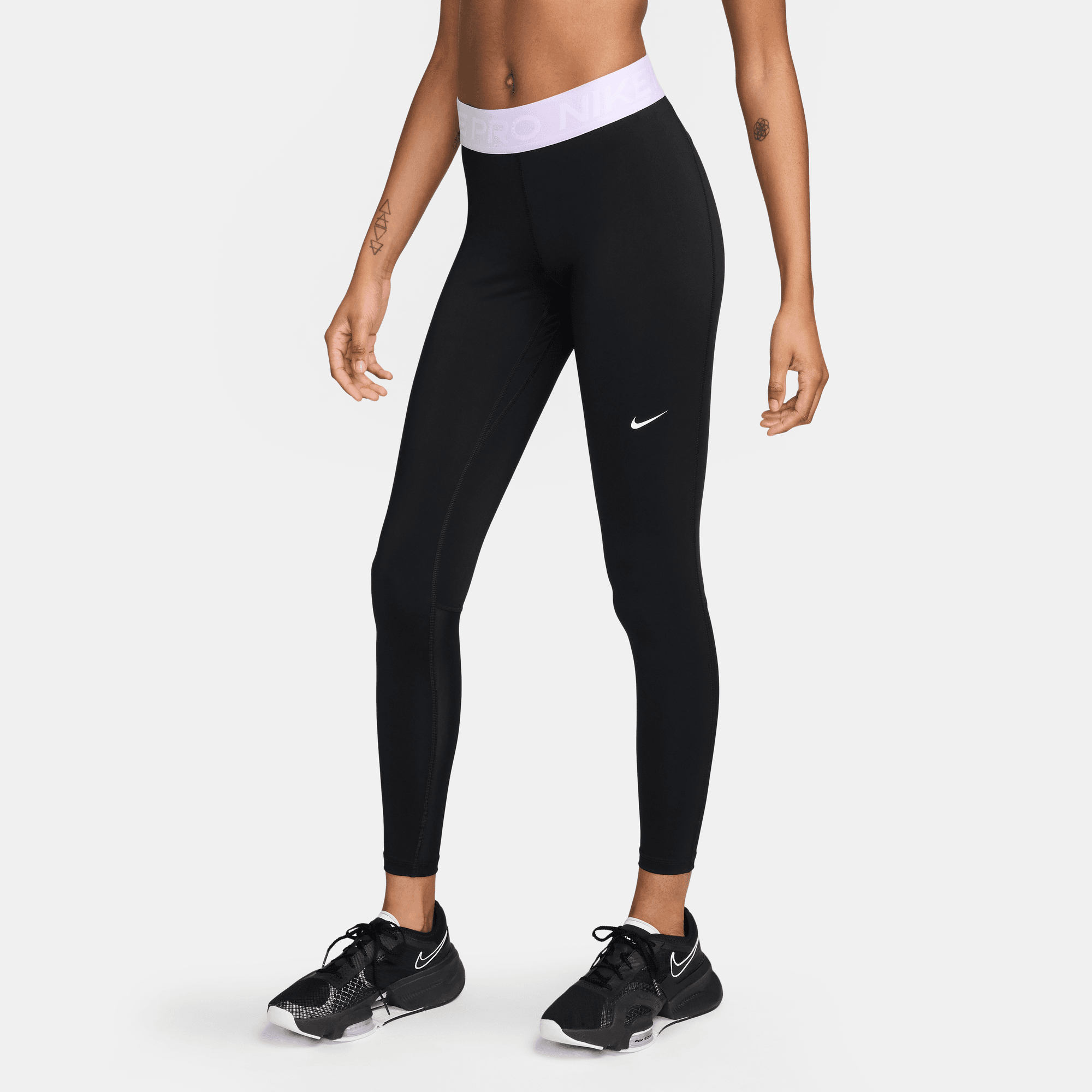 NIKE PRO WOMEN S MID RISE LEGGINGS BLACK LILAC BLOOM WHITE Park Access