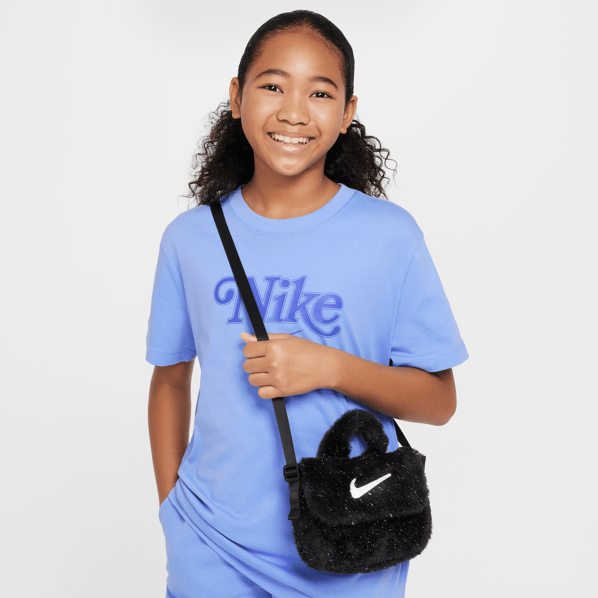 NIKE BIG KIDS FAUX FUR CROSSBODY BAG 1L BLACK COOL GREY WHITE Park Access